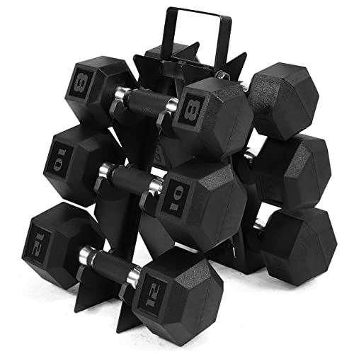 WF Athletic Supply Rubber Encased Hex Dumbbells with Rubber Grip Contoured Handle for Muscle Toning, Strength Building & Full Body Workout - color: o. 8LB, 10LB and 12LB Pair w/ 3-Tier Rack