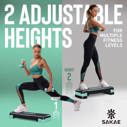 SAKAE Aerobics Step Platform Set with Weighted Vest & Measuring Tape, Adjustable Height 2 Level Risers Workout Step Trainer with Non-Slip Surface, Step Platform for Home Exercise, Multiple Colors - color: Green