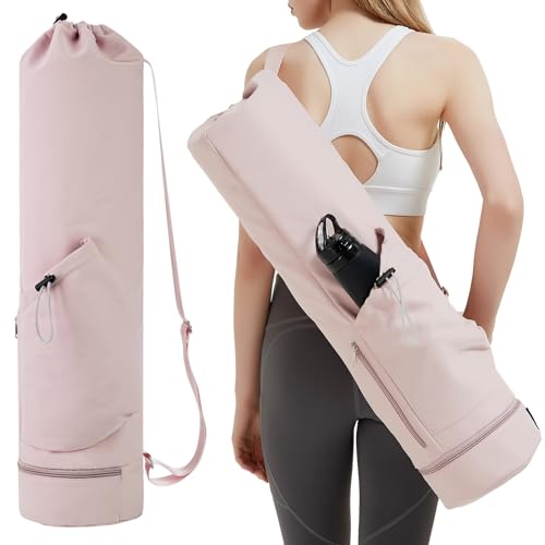 sportsnew Yoga Mat Bag with Water Bottle Pocket & Wet Pocket for Women | Yoga mat carrier fits 1/8"-3/8" yoga mats, quick-access multi-pocket organization, lightweight for gym, Pilates & studio - color: Pink, size: Medium