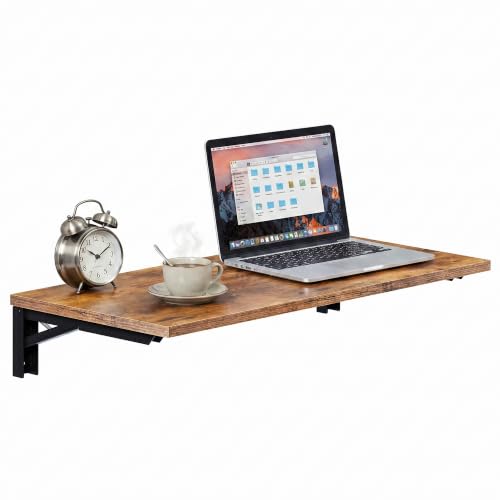 Need Wall Mounted Folding Table, 36x20 Inch Fold Down Wall Mount Desk Heavy Duty Small Folding Wall Table for Laundry, Home Office, Small Apartments, Rustic Brown & Black Frame - color: Rustic Brown Desktop & Black Shelf Brackets, size: L36" * W20"