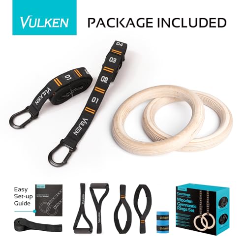 Vulken Wooden Gymnastic Rings with Adjustable Numbered Straps. 1.25'' Olympic Rings for Core Workout, Crossfit, Bodyweight Training. Home Gym Rings with 8.5ft Exercise Straps and Workout Handles.
