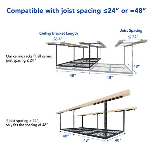FLEXIMOUNTS 4x8 Overhead Garage Storage Rack, Adjustable Organization System, Heavy-Duty Metal Ceiling Racks, 750lbs Weight Capacity, Hammertone, Classic Series - color: Hammertone, size: 4x8 ft