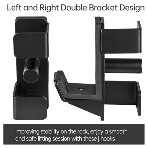 J Hooks for 2" x 2" Power Rack, Rubber Pad J-Hook for Power Cage, Bottom Reinforced Steel J Cups for Squat Rack, Heavy Duty Barbell Holder, Black - size: for 2"x2" Rack with 1" Hole