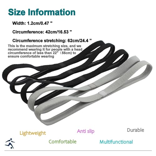Girls Sport Headbands Non-Slip Hairband - Athletic Grip Elastic Single Skinny Sweatbands for Guide Sweat When Running Soccer Basketball Yoga Tennis Cycling 10 Pack - color: Black 3 + Grey 2