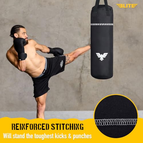 Elite Sports Boxing Bag 4 FT – Heavy Duty Canvas Punching Bag with Straps for Boxing, Training, MMA, Muay Thai, Kickboxing, Martial Arts & Fitness – UNFILLED Heavy Bag - color: Black