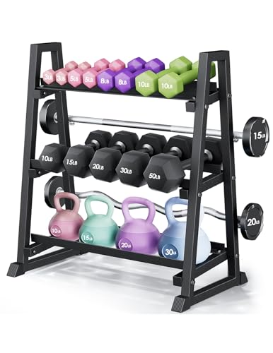 Leteuke 3 Tier Dumbbell Rack Stand Only, 1300LBS Heavy Duty | Trapezoidal Frame for Stability, Space-Saving Design; Fits Dumbbells, Kettlebells, Barbells for Home Gym