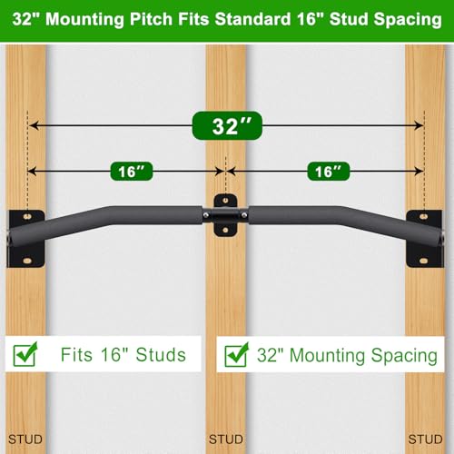 SELEWARE Heavy Duty Wall Mount Pull Up Bar, Joist Mount Chin Up Bar for Doorway, Sturdy Steel Construction, w/Resistance Band Hooks, Fits 32"/36" Wall Studs for Home Gym Strength Training - size: B: 32" x 1.6" Dia Grip