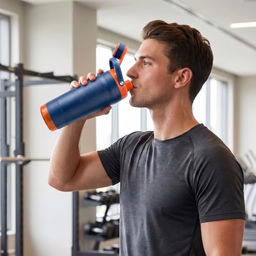 Fijinhom 24 oz Insulated Shaker Bottle with Portable Powder Container. | Leak-Proof Protein Shaker Bottle, 304 Stainless Steel Insulated Water Bottle with Removable Mixer, Measurement Marks, Blue - color: Blue