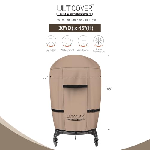ULTCOVER Outdoor Waterproof Charcoal Kamado Joe Grill Cover for 18 inch Char-Griller Char-Broil and Other Round Smokers Size Up to 30” Dia x 45” H - color: Brown-Round, size: 30” Dia x 45” H