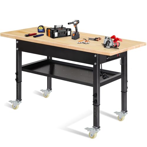 48"/60'' Adjustable Workbench, Rubber Wood Top Work Bench | Heavy-Duty work table with Power Outlet, Wheels, Partition 2000 LBS Load Capacity Hardwood work benches for garage, Workshop - size: with socket, partition and wheels, 60