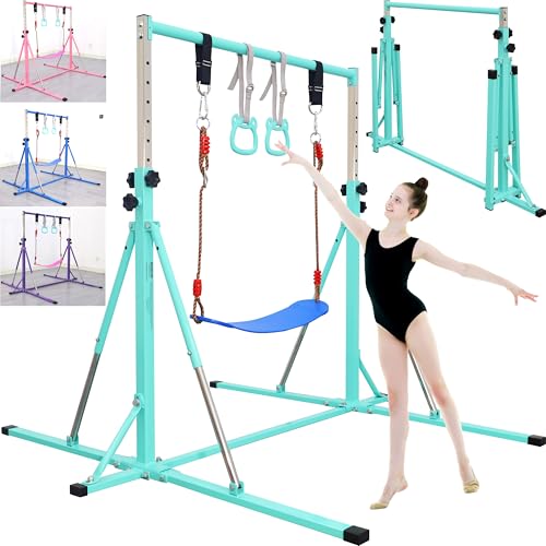 FC FUNCHEER Foldable Gymnastics Bar,5FT Horizontal bar,Adjustable Kids Training bar for Kids Ages 3-15,Kids Gymnastics bar,Triangle Stable Structure-Gym Equipment for Home - color: Teal, style: Bar-Swing-Rings