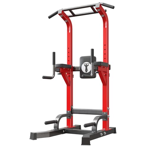 SogesHome Power Tower Pull Up Bar Dip Station for Home Gym 330LB Capacity | Adjustable Height 65.7"-87" Exercise Workout Machine with Comfort Pads & Anti-Slip Grips for Full Body Strength Training - color: Red