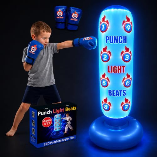 Punching Bag for Kids with Color-Changing LED Lights, Built-in Music & 8 Targets, Inflatable Boxing Set Ages 3-12 with Boxing Gloves & Pump (Batteries Not Included), Sand/Water Fill Base Birthday Gift