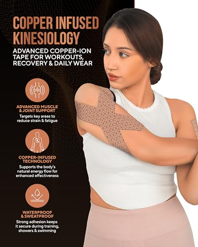 TheraCopper Copper Infused Kinesiology Tape – 2 Rolls (40 Precut Strips) – Advanced Waterproof Kinesiology Tape for Shoulder, Elbow, Bowling Wrist, Weightlifting, Muscle Strain & Joint Support (Tan) - color: Tan