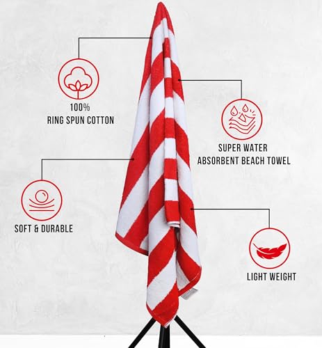 Utopia Towels Pack of 4 Cabana Beach Towels, Oversized 30 x 60 Inches Cotton Beach Towel Set, Smooth Ring Spun Texture for Pool and Swim Days, Modern Striped Design Bath Towels, Red - color: Red, size: 30 x 60 - 4 Pack