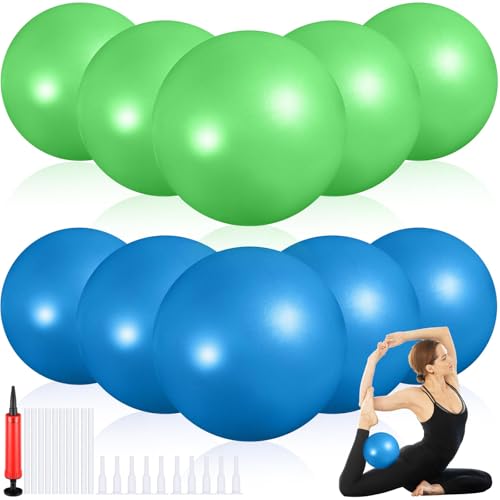 Aoriher 10 Pack 9 Inch Small Pilates Ball Bulk Mini Exercise Ball Portable Non-Slip Workout Yoga Balls with Air Pump for Stability, Barre, Fitness, Balance, Physical &Core, Gym Home Office Use - color: Blue,Green