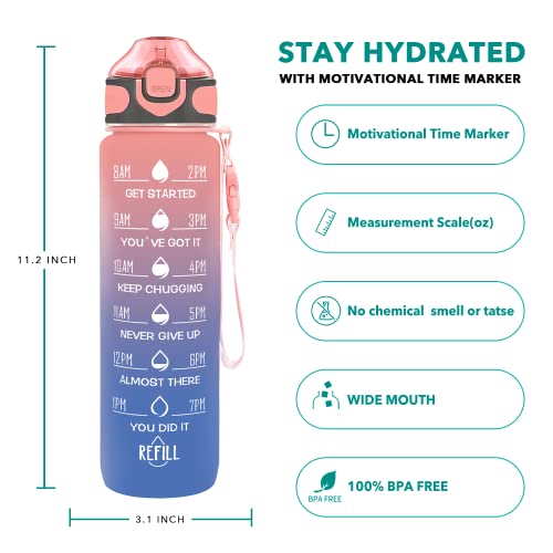 Enerbone 32 oz Drinking Water Bottle with Times to Drink and Straw, Motivational with Carrying Strap, Leakproof BPA & Toxic Free, Ensure You Drink Enough Water for Fitness Gym Outdoor - color: Pink-Blue