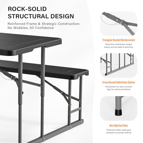 VINGLI Folding Picnic Table and Bench Set, Portable Outdoor Dining Furniture for Camping, Patio, Backyard, Wood Grain Plastic Top with Metal Frame （Black） - color: Black, style: Standard