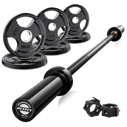 RitFit Barbell Weight Set - 4/6FT Olympic Barbell with Weight Plates (55-115LB Total) - Weightlifting Equipment for Squats, Curls, Deadlifts, Presses, Hip Thrusts - color: Black, size: 4FT With 35LB Plates