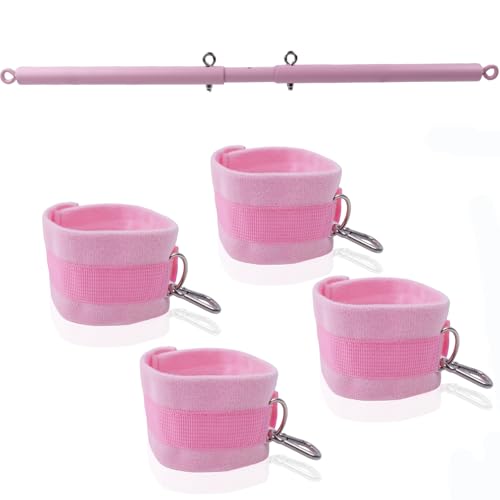 Spreader Bar Heavy Duty Stainless Steel Expandable Silver Bar Home Gym with 4pcs Furry Purple Adjustable Straps,Sports Aid Training Fitness Gear Pilates Aid Kit - style: Pink+Pink Kit