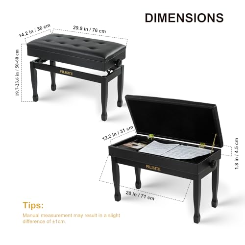 Adjustable Height Piano Bench with Storage, Solid Wood Duet Keyboard Stool, Waterproof Padded Seat Cushion, Multi-Use Bench for Piano, Vanity, Living Room, Bedroom XJ750-4(Black) - color: Black