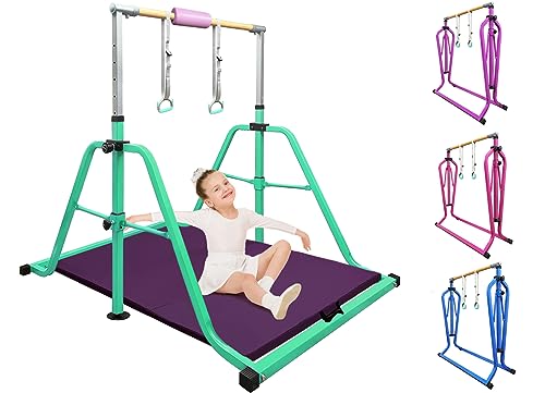 Foldable & Moveable Gymnastics Horizontal Bar with Rings,3’to 5’Adjustable Height Expandable Junior Kip Bar for Home,Indoor Gym Equipment for Kids - style: Green with MAT