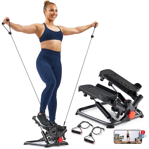 Sunny Health & Fitness Twist Stair Stepper with Resistance Bands | Low-Impact, Side-Twist Motion, Adjustable Step Height, Hydraulic Resistance, SunnyFit App, Up to 350 lb Capacity - color: Black Onyx