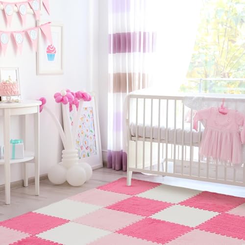 Amylove 72 Pieces Plush Foam Floor Mat Square Interlocking Carpet Tiles with Border 12 x 12 x 0.4 in Fluffy Play Mat Floor Tiles Soft Climbing Area Rugs for Home Playroom(White, Pink, Rose Red) - color: White, Pink, Rose Red