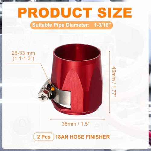 HARFINGTON 2pcs 18AN Hose Finisher Clamp Aluminium Hex Car Hose Finisher Flexible Pipe Clamps with Screw Band for Fuel Gas Oil Air Water Tube, Red - color: Red, size: 18AN