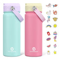 GoKEDA 18oz Kids Water Bottle, 2 Pack Insulated Bottles with Stickers, 18/8 Stainless Steel Vacuum Leak Proof Straw Cup for School, Gifts for Boys Girls(YelloPink+PurpleGreen) - color: Yellow Pink+Purple Green