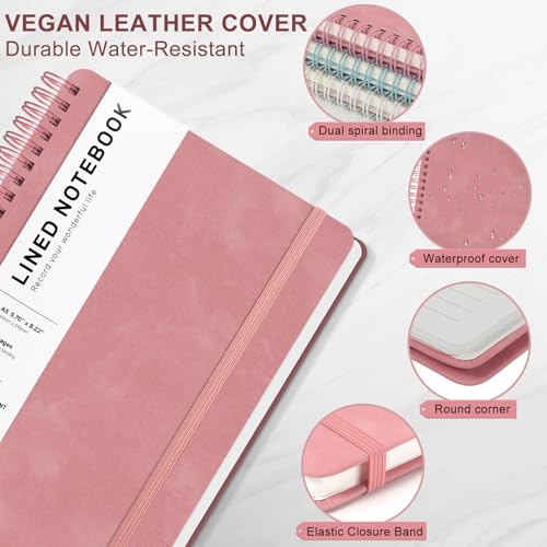 Lined Spiral Journal Notebook with 160 Pages, 8×5.7in, A5 Spiral Notebook, Journaling Notebooks for Work, School, Women, Men, College Ruled Spiral Notebook, Hardcover Leather Journals, Light Red - color: Light Red, size: A5