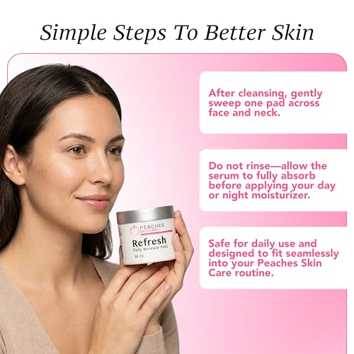 Peaches Skin Care Refresh Renewal Pads - Gentle Exfoliating Pads, 50 Count | Daily exfoliating pads for face and neck with willow bark, hyaluronic acid, niacinamide and AHA fruit blend