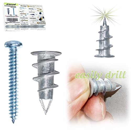 Metal No Pre-Drill Self Drilling Wall Anchors and Screws for Drywall | 25 Hollow Drywall Anchors and 25 #8 1-1/4'' Screw, for Drywall, Plaster, Sheetrock Hanging and Mounting Holds Upto 75lbs