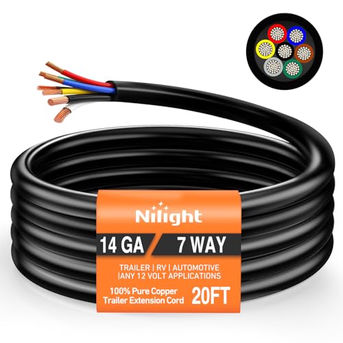 Nilight 20 Feet 7 Way Trailer Extension Cable RV Standard Wire 14 Gauge 7 Conductor 100% Pure Copper Insulated Heavy Duty Cord Weatherproof for 7 Pin Blade Truck Camper RV Automotive - color: RV Standard Trailer Cord 20FT