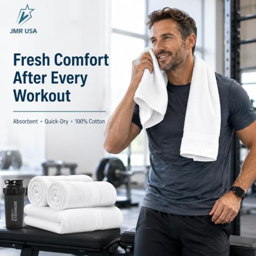 JMR White Bath Towels Bulk Pack of 12 (20x40) - 100% Cotton Lightweight & Quick-Dry Cotton Towels for Hotel, Rental Properties, Gym & Commercial Uses - color: White-12 Pcs, size: 20X40