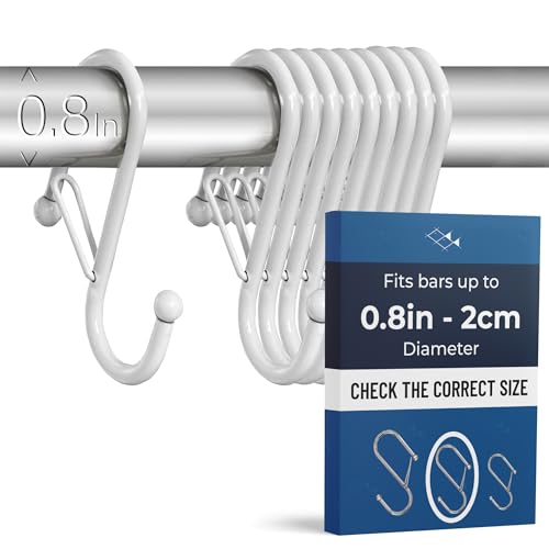 10-Pack Metal S Hooks for Hanging – Heavy-Duty S-Shaped Hooks with Safety Buckle – Fits Bars up to 0.8 in – Anti-Drop S-Hooks for Kitchen, Bathroom, Closet & Pot Racks – White (Medium) - color: White, size: Medium - 0.8In Diameter