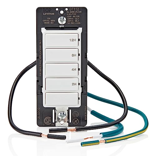 Leviton Countdown Timer Switch for household lights, heaters and exhaust fans, 2-4-8-12 hour, No Neutral Wire Required, Single Pole, 15A, 1/2 HP/9.8A Fan/Motor, DT112-1LW, White - style: 2-4-8-12 hour, No Neutral Required