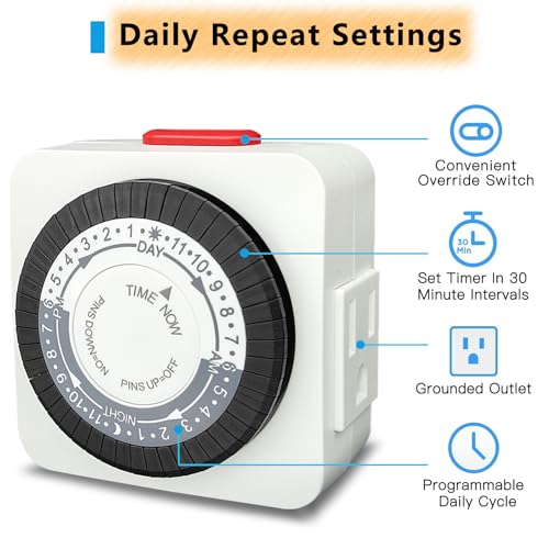 Timers for Electrical Outlets Indoor, 24-Hour Dual Outlet Timer, Christmas Tree Timer Indoor, 3 Prong Light Timers Indoor, Daily Cycle, 125V 15A, ETL Listed, 2-Pack - size: 1 Outlet, 2 pack