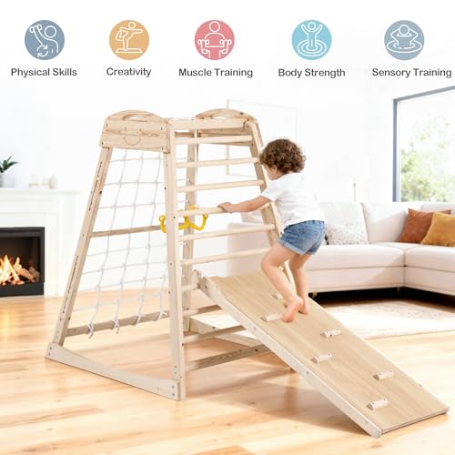 Indoor Jungle Gym, Wooden Indoor Playground, (7 in 1) Toddler Climbing Toys, Gym with Slide, Climbing Net, Swing, Gymnastics Ring