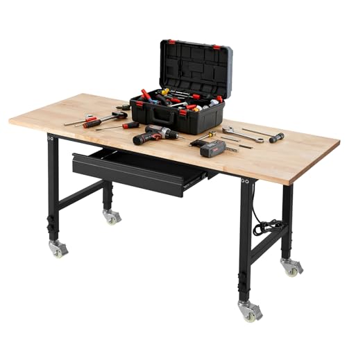 VEVOR Adjustable Workbench on Wheels, 2000 lbs Capacity, 60 x 24 Inch Oak Wood Top Workbench with Drawer & Power Outlets, Heavy-Duty Hardwood Worktable for Garage, Workshop, Home, Office, Commercial - size: Drawer Storage│Universal Wheels│60"x24"