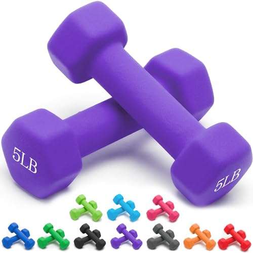 Portzon 8 Colors Options Compatible with Set of 2 Rubber Dumbbell Weight, 5-50 LB, Anti-Slip, Anti-roll, Hex Shape - color: Purple, size: 05-Pound,Pair, style: Neoprene Dumbbells