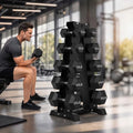 HANDBODE Rubber Coated Hex Dumbbell Set with A-Frame Rack, 100 lb - 600 lb Multiple Options Weight, Hexagon Non-Rolling Shape, Ergonomic Knurled Handle, Home Gym Equipment for Strength Training - style: 350 lb (15, 25, 35, 45, 55 lb) X 2 & Rack