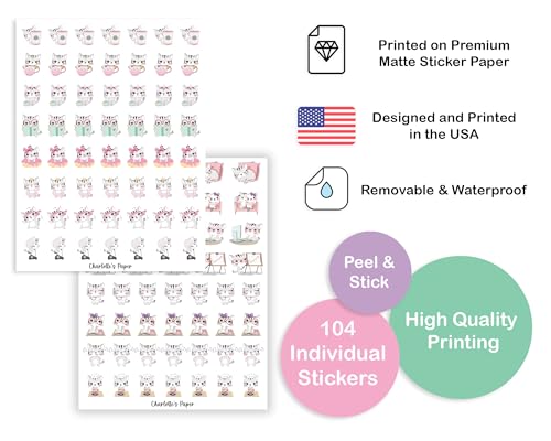Cute cat chore stickers icons, waterproof, removable, workout coffee errands planner journal calander, 104 stickers, Stay Happy, Planner (Matte Vinyl, 6 Sheets)