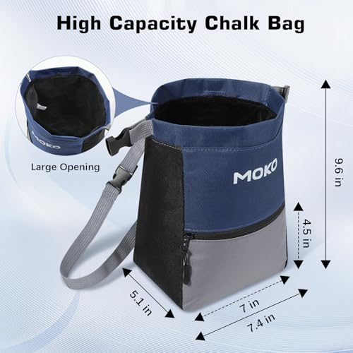 MoKo Chalk Bag for Rock Climbing, Large Capacity Climbing Chalk Bag with Magnetic Snap and Zipper Pocket, Portable Chalk Bucket for Rock Climbing, Weight Lifting, Bouldering, Gymnastics, Fitness - color: Blue