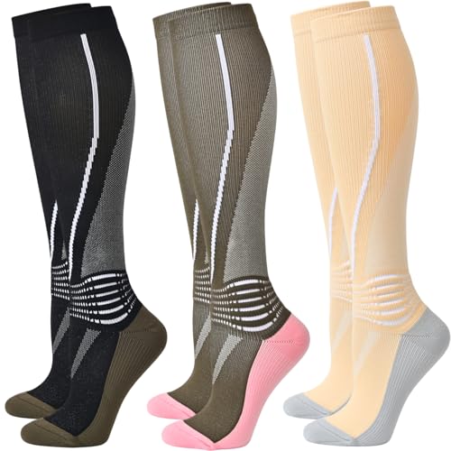 IRAMY Compression Socks Women Ankle Support Gradient Compression Wicking Moisture Knee High Socks 3 Packs - color: Black+green+yellow-3 Packs, size: Large