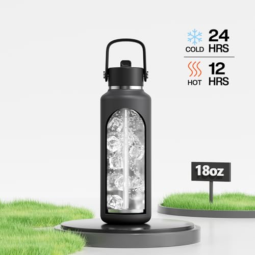 POWCAN 18 oz Kid Water Bottle with Straw: Leakproof, Lightweight, Top Handle, Flex Cap, Vacuum Insulated Water Bottle for Sport, Outdoors, Running, Camping, Home, Hiking, School, Workouts (Stone Gray) - color: Stone Gray, size: 18 Ounces