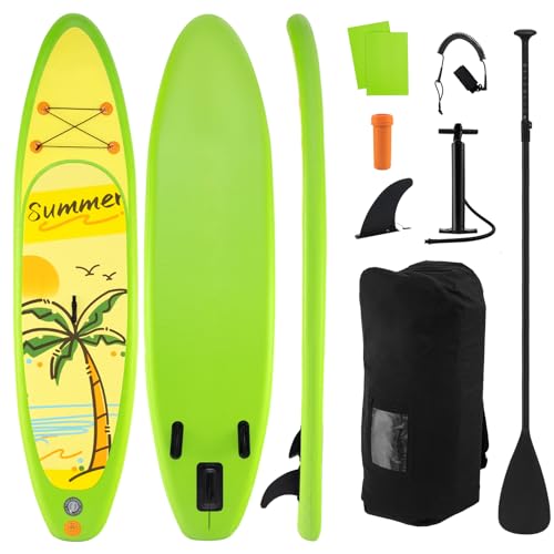 KOTEK 10FT/11FT Inflatable Paddle Board, SUP Paddleboard with Hand Pump, Safety Leash, Repair Kit, Carry Bag, Non-Slip EVA Deck, Stand Up Paddle Board for Youth & Adults - size: 11 FT, style: Green Coconut Tree