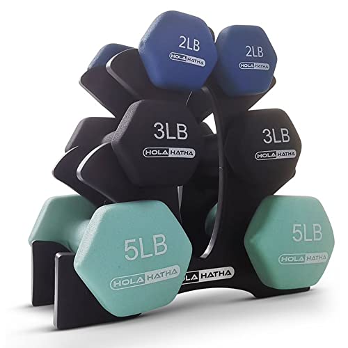 HolaHatha 1, 2 and 3 lb Neoprene Dumbbell Strength Training Weight Set with Rack - color: Blues, size: 20 LB