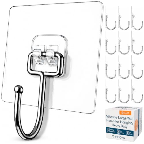 GLUIT Adhesive Large Wall Hooks for Hanging Heavy Duty 22 lbs Hooks for Walls No Drill, Towel Sticky Clear Hooks, Waterproof, Home, Bathroom, Kitchen, Office, and Outdoor 12 Pack - size: Large, 12 pcs