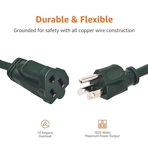 Amazon Basics 50-Foot 3-Prong Indoor/Outdoor Extension Cord, Heavy-Duty, 13 Amps, 1625 Watts, 125 VAC, Green - color: Green, size: 50 ft